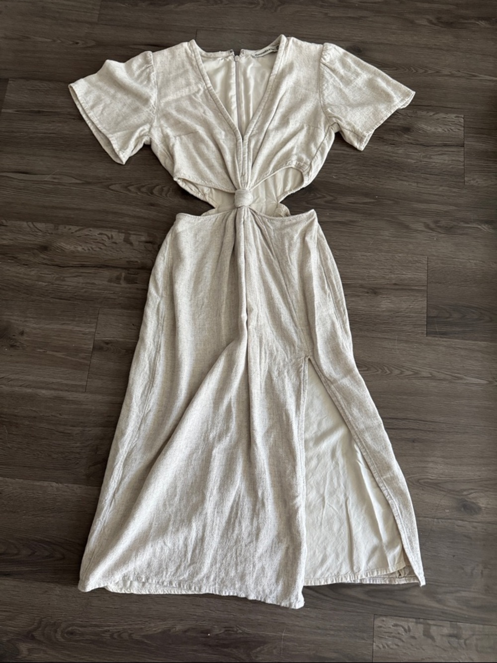 Abercrombie & Fitch Knot Front Cutout Midi Dress in Light Beige xs petite - Picture 3 of 6